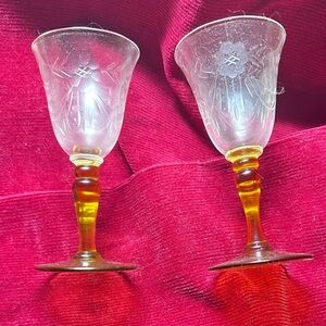 VTG DORFLINGER Amber Cordial Stemware Etched Vines & Flowers  4” Tall RARE!